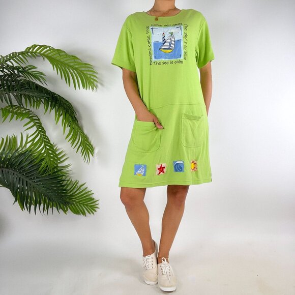 Vintage 90s Lime Green Nautical Graphic Casual Beachy Dress With Pockets /Medium - Picture 1 of 6